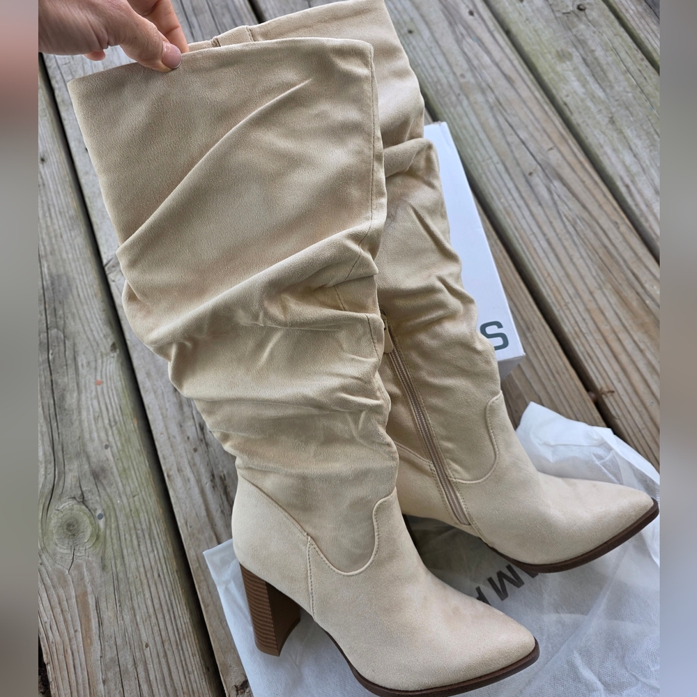 DREAM PAIRS Women's Knee High Boots Pointed Toe Chunky Block Heel -Beige 8.5 new